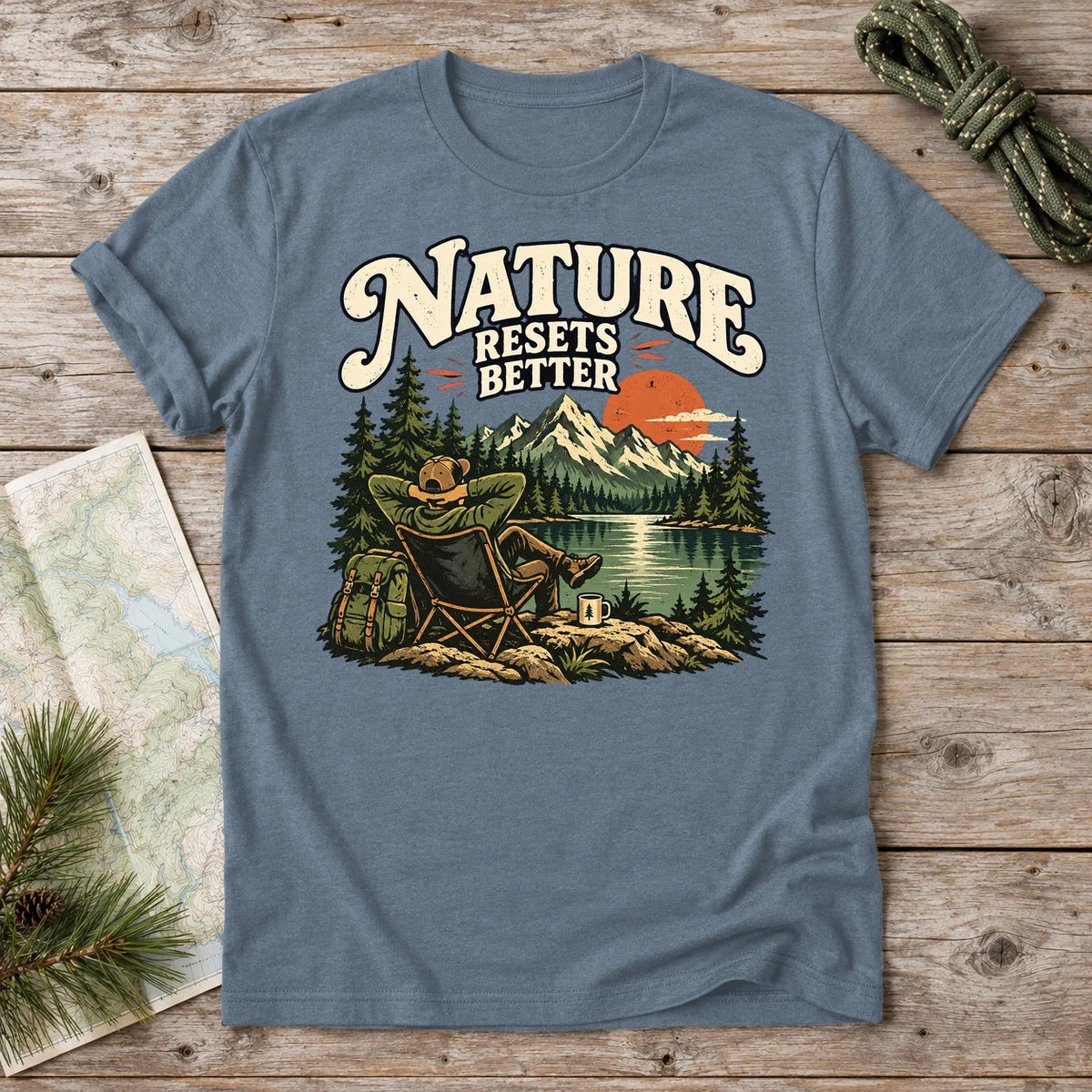 Nature Resets Better Graphic Tee on Heather Indigo Everyday Soft Tee