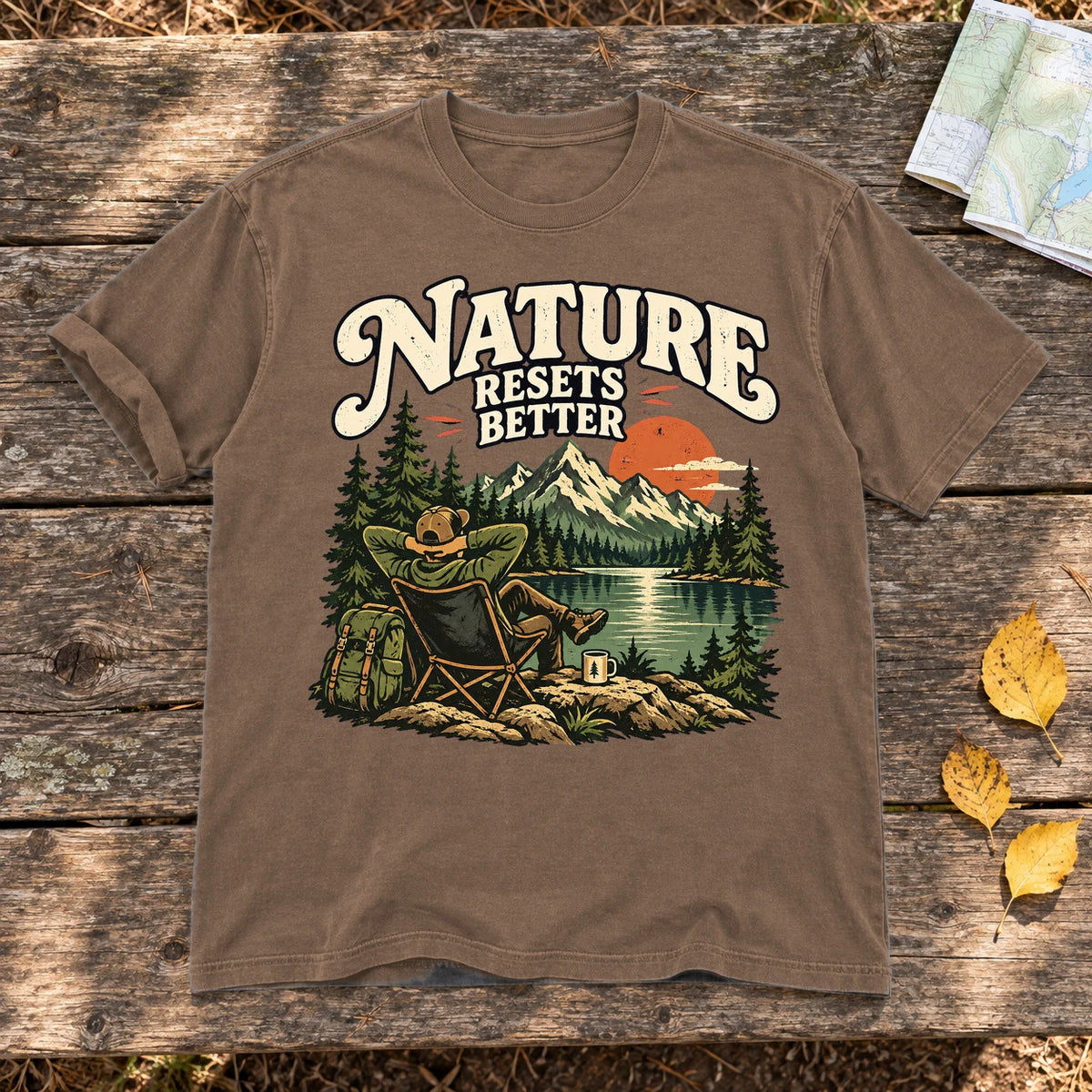 Nature Resets Better Graphic Tee on Espresso Premium Tee