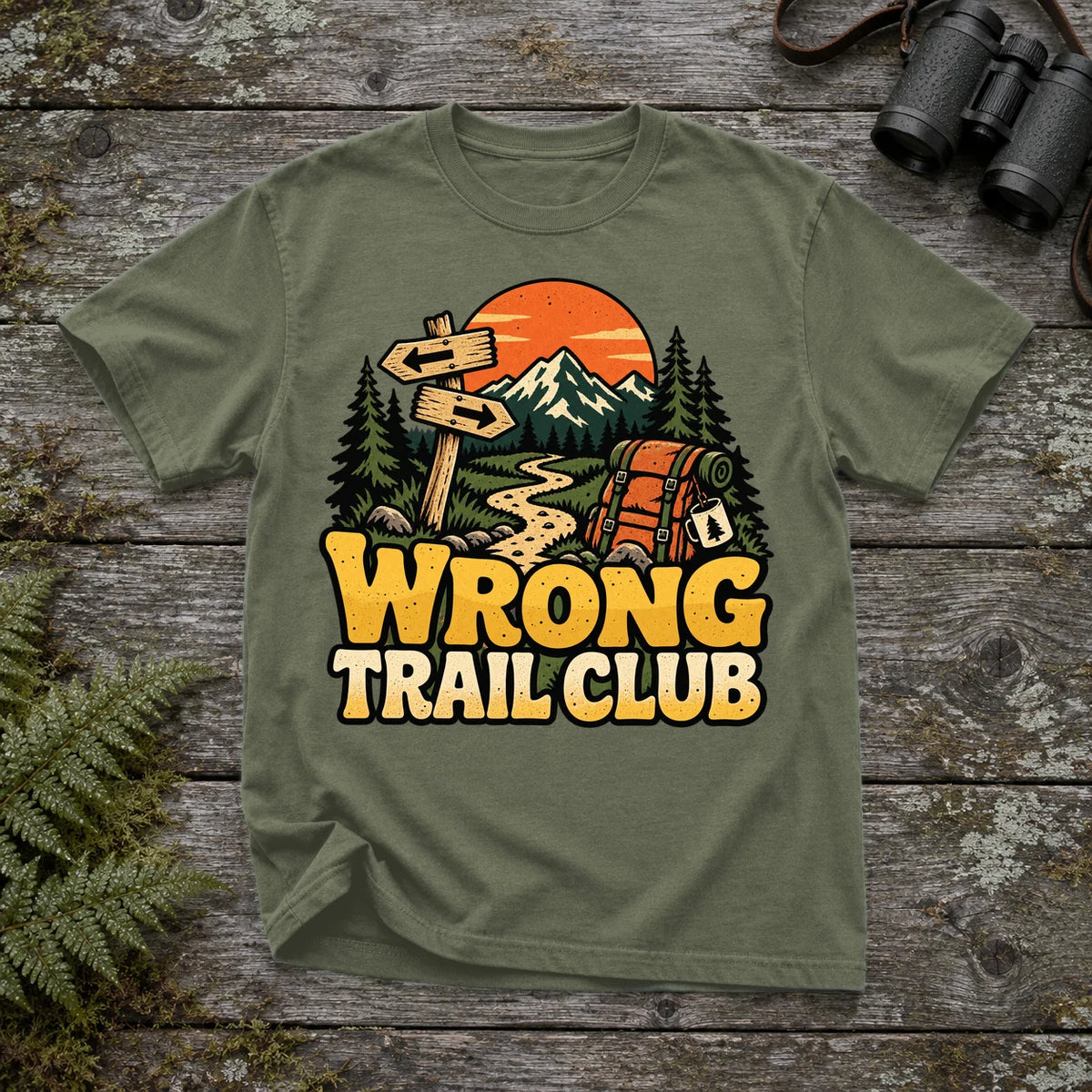 Wrong Trail Club Graphic Tee on Moss Premium Tee