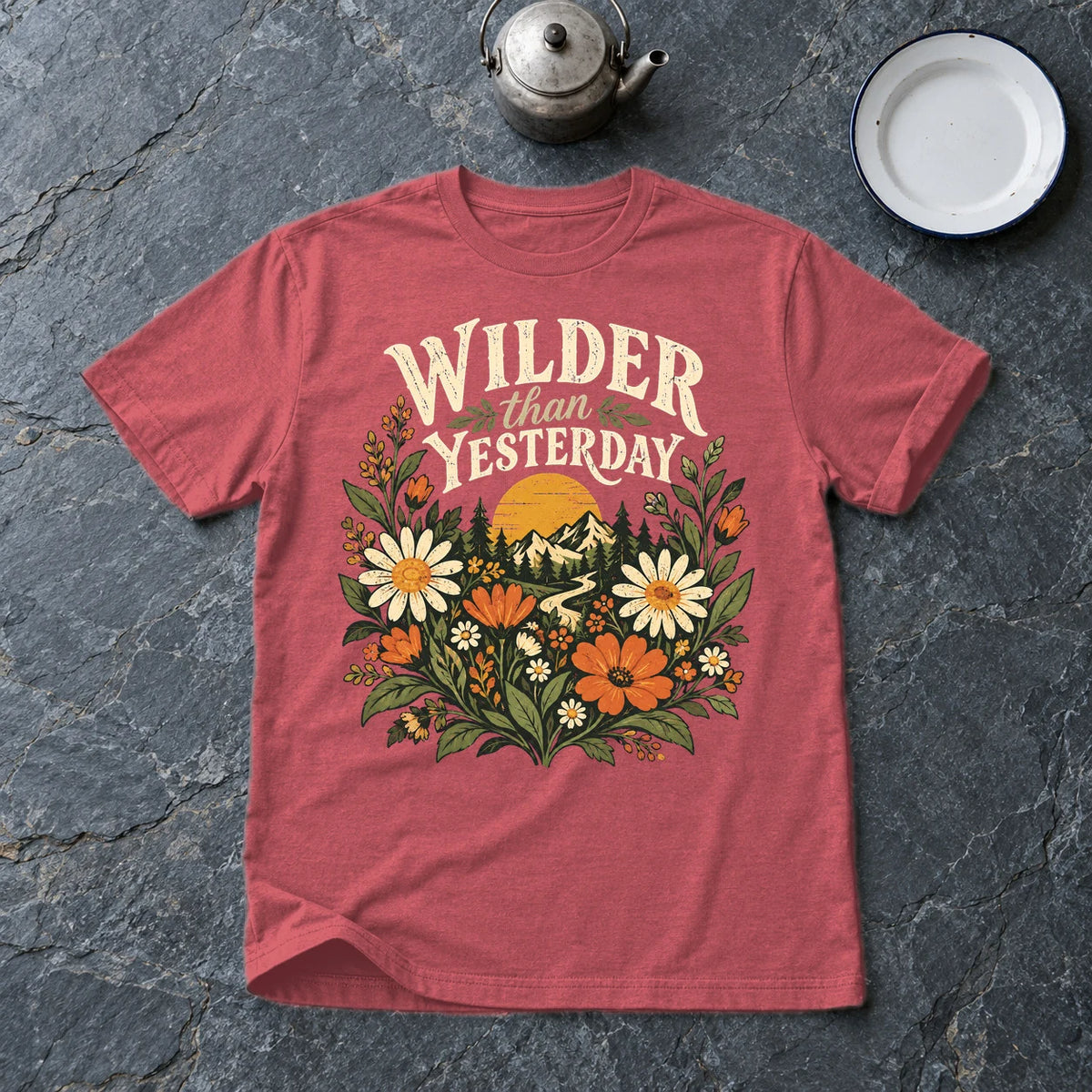 Wilder Than Yesterday Retro Wildflower Graphic Tee on Heather Red Everyday Soft Tee