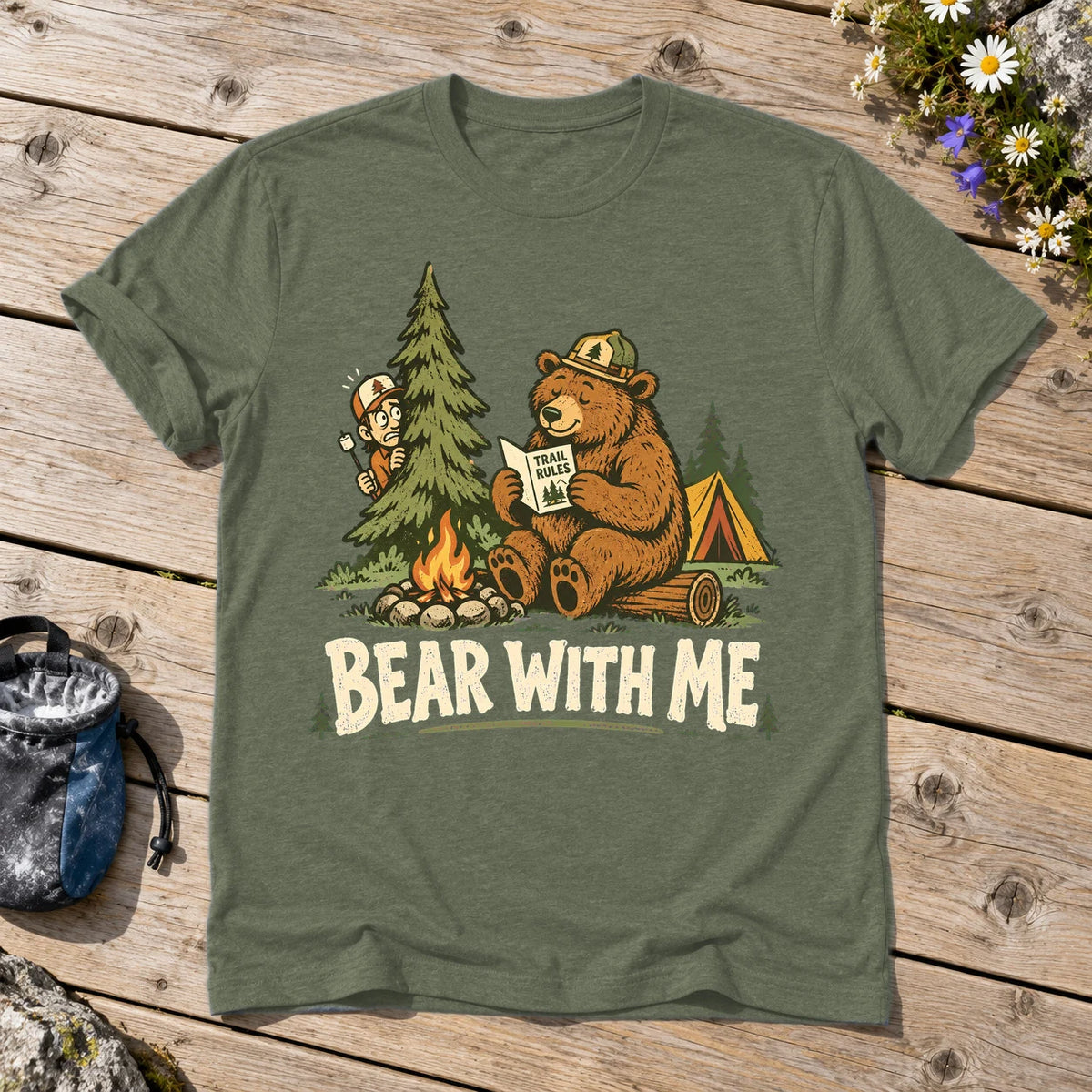 Bear With Me Camping Graphic Tee on Military Green Everyday Soft Tee