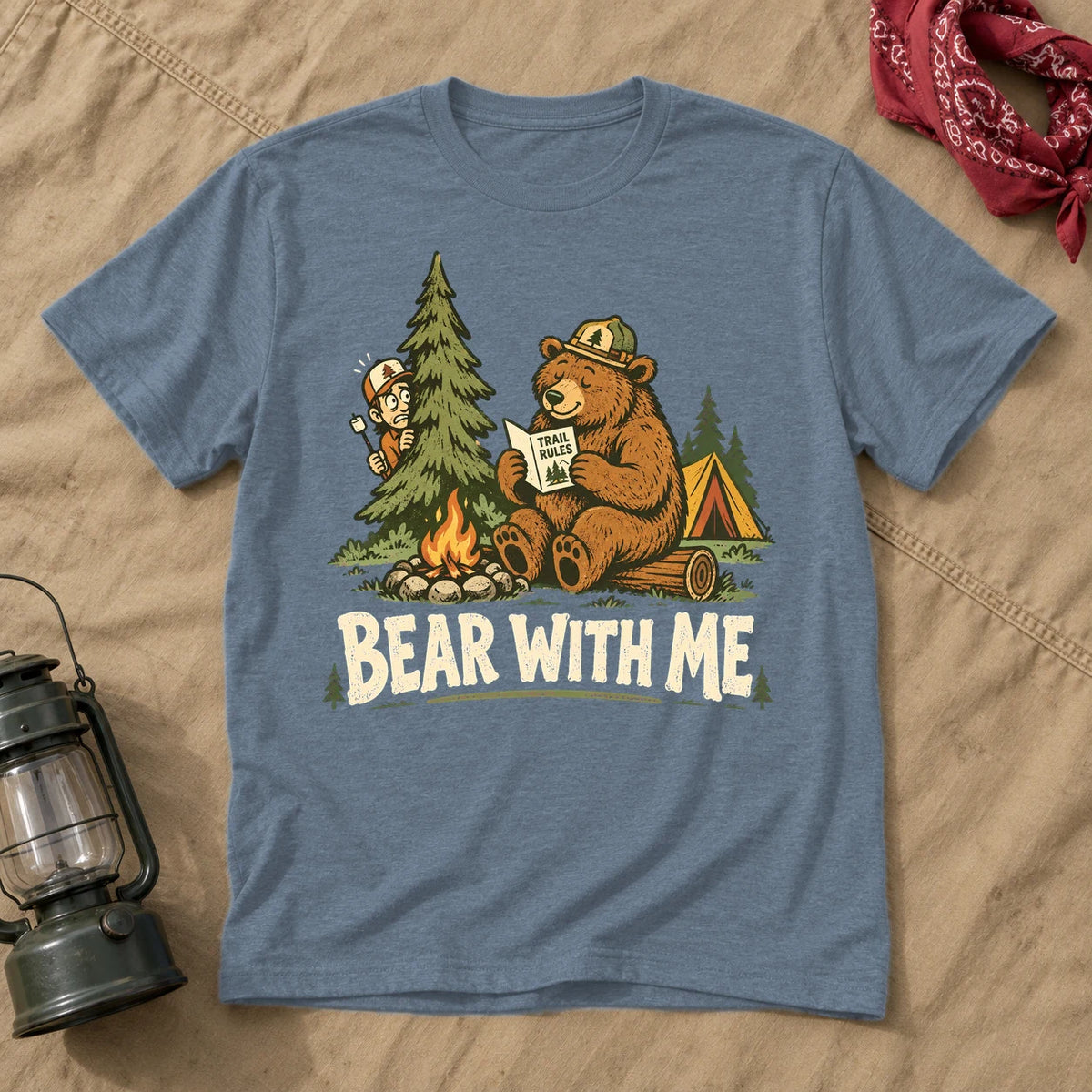 Bear With Me Camping Graphic Tee on Heather Indigo Everyday Soft Tee