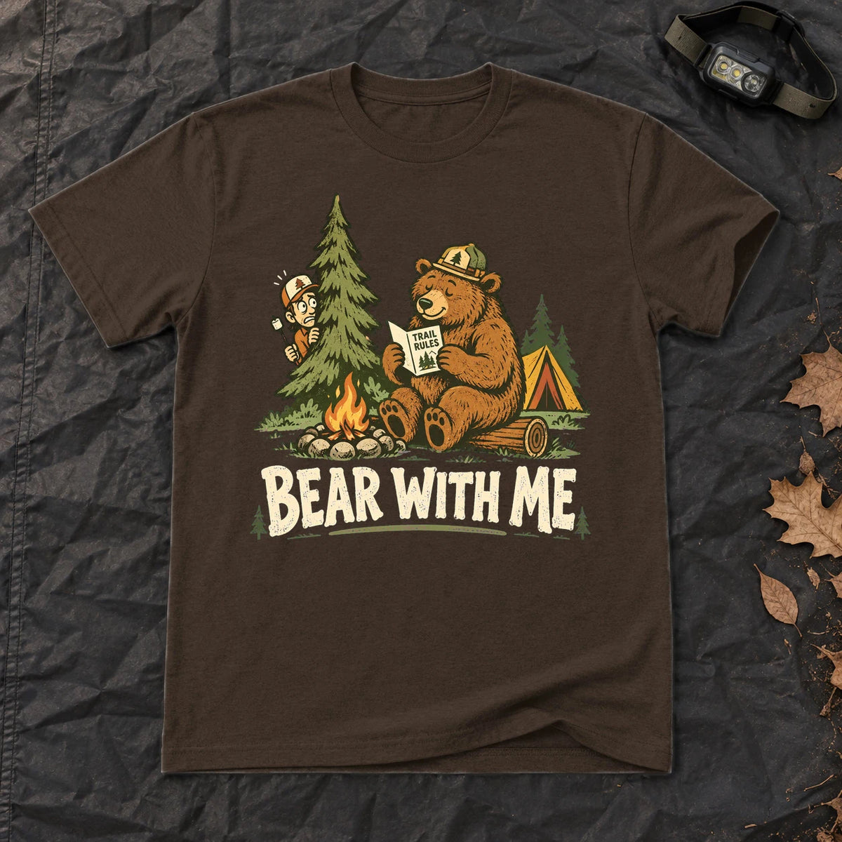 Bear With Me Camping Graphic Tee on Dark Chocolate Everyday Soft Tee