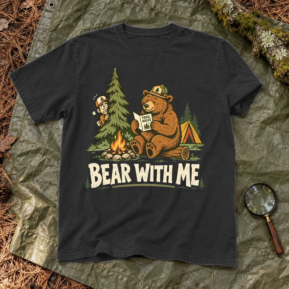 Bear With Me Camping Graphic Tee on Black Premium Tee