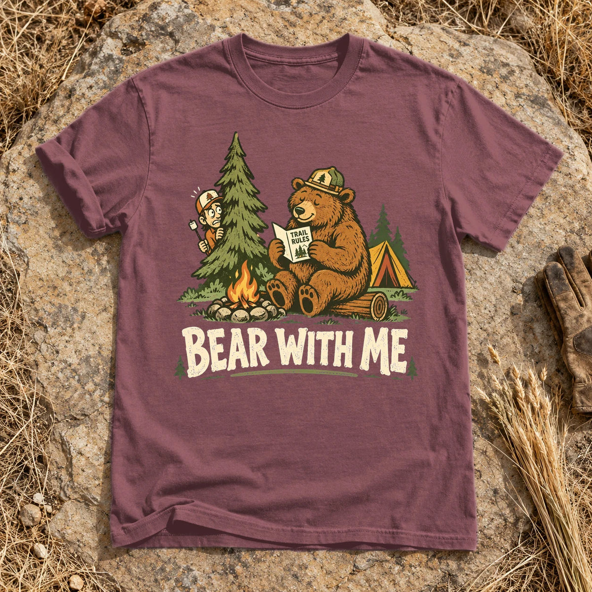 Bear With Me Camping Graphic Tee on Brick Premium Tee