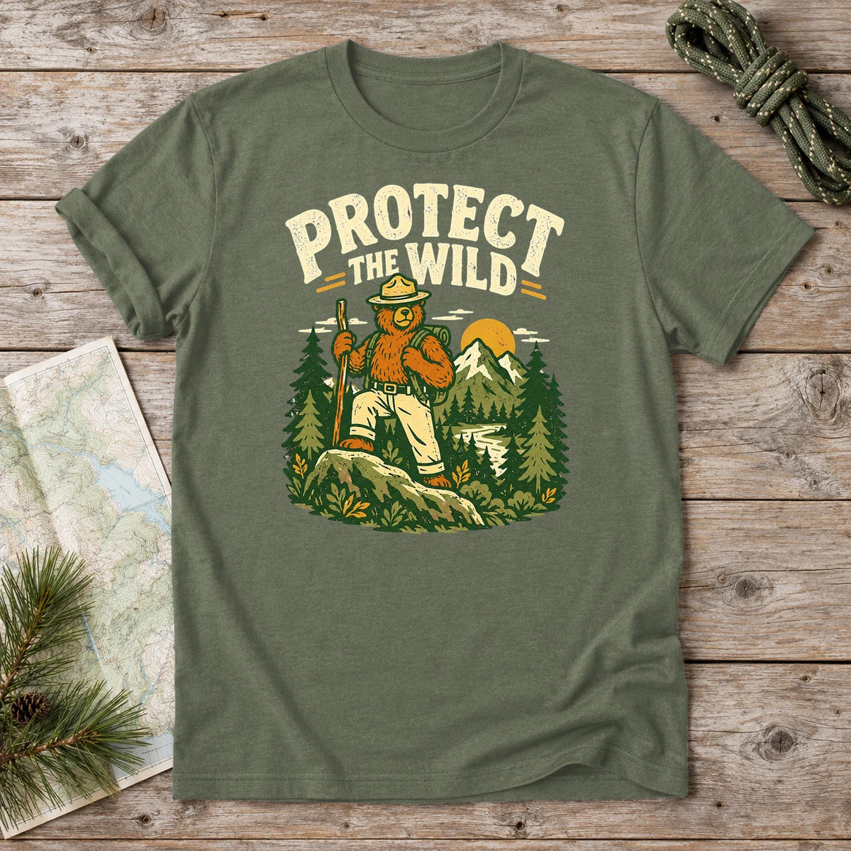 Protect The Wild Ranger Bear Graphic Tee on Military Green Everyday Soft Tee