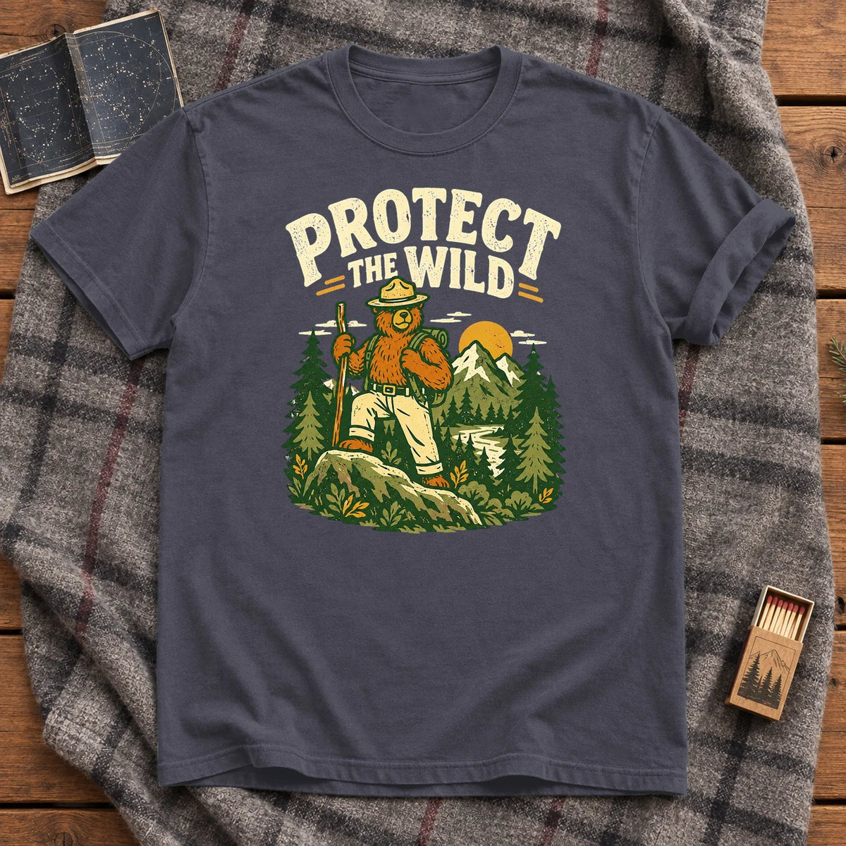 Protect The Wild Ranger Bear Graphic Tee on Navy Premium Tee