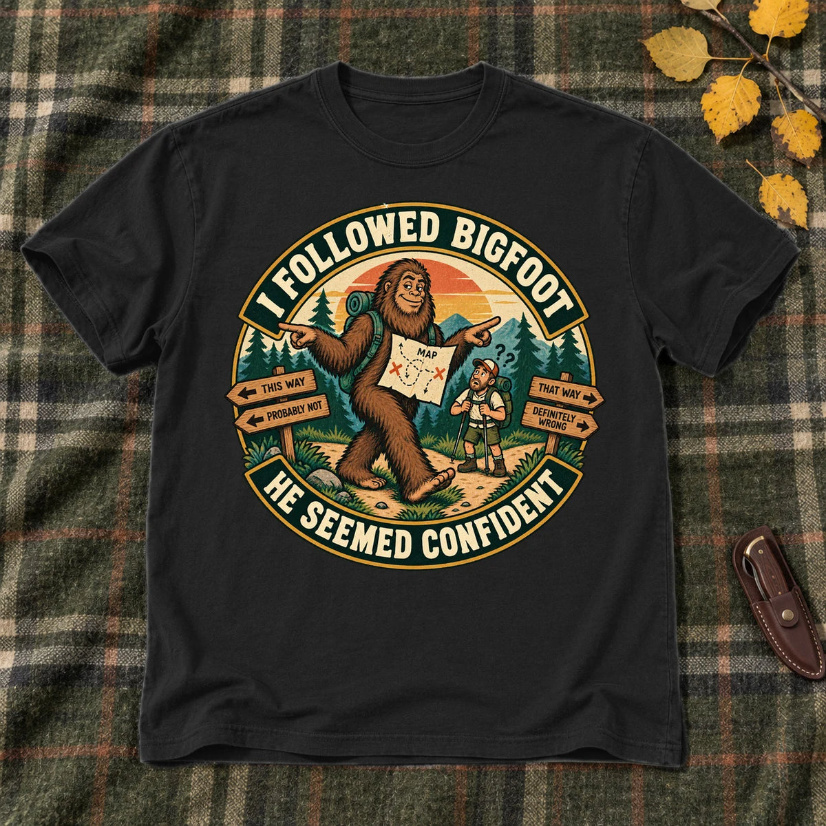I Followed Bigfoot Retro Hiking Graphic Tee on Black Everyday Soft Tee
