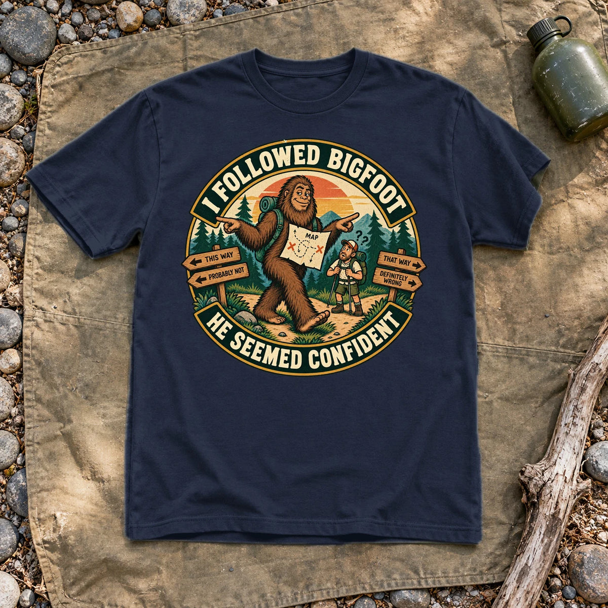 I Followed Bigfoot Retro Hiking Graphic Tee on Navy Everyday Soft Tee