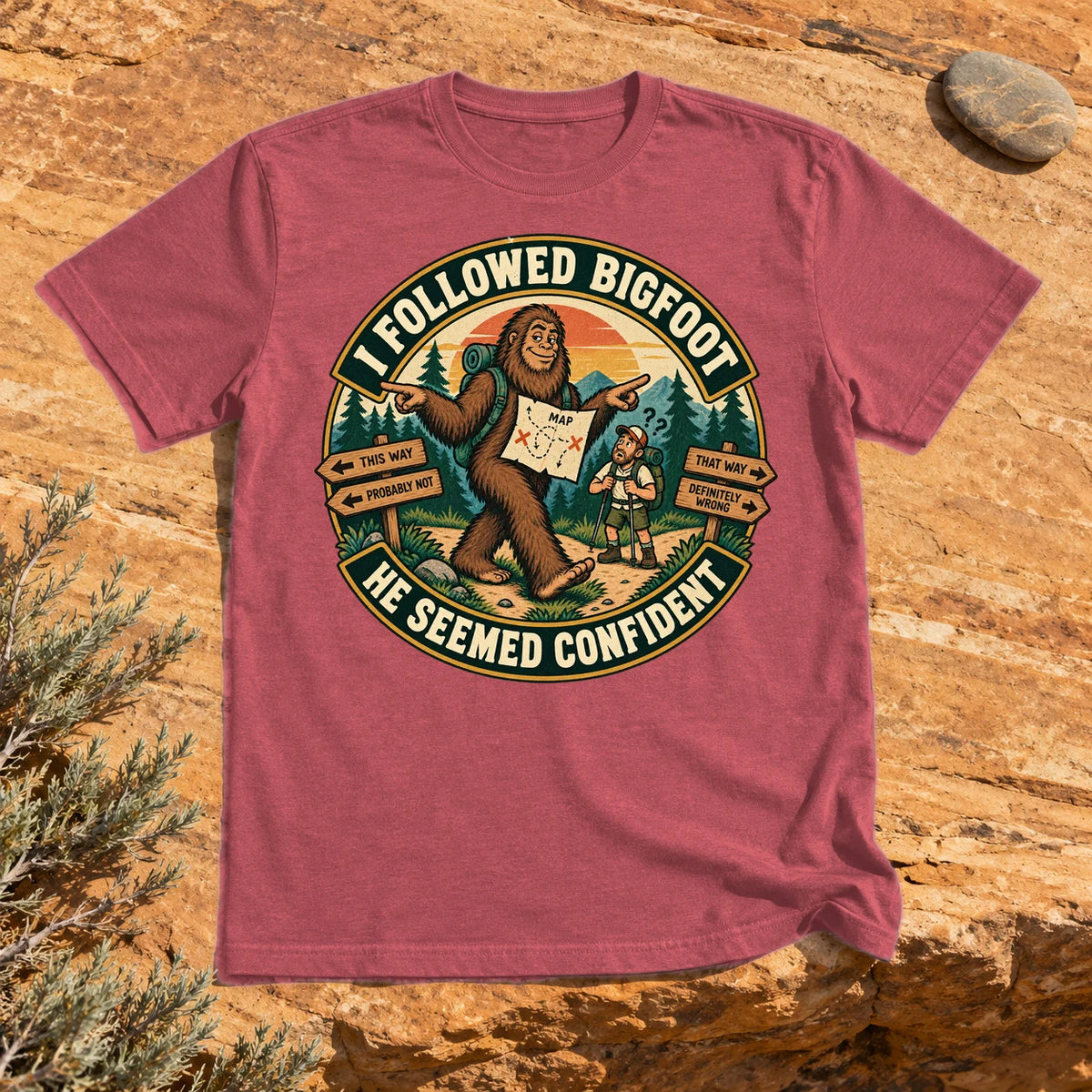 I Followed Bigfoot Retro Hiking Graphic Tee on Heather Red Everyday Soft Tee