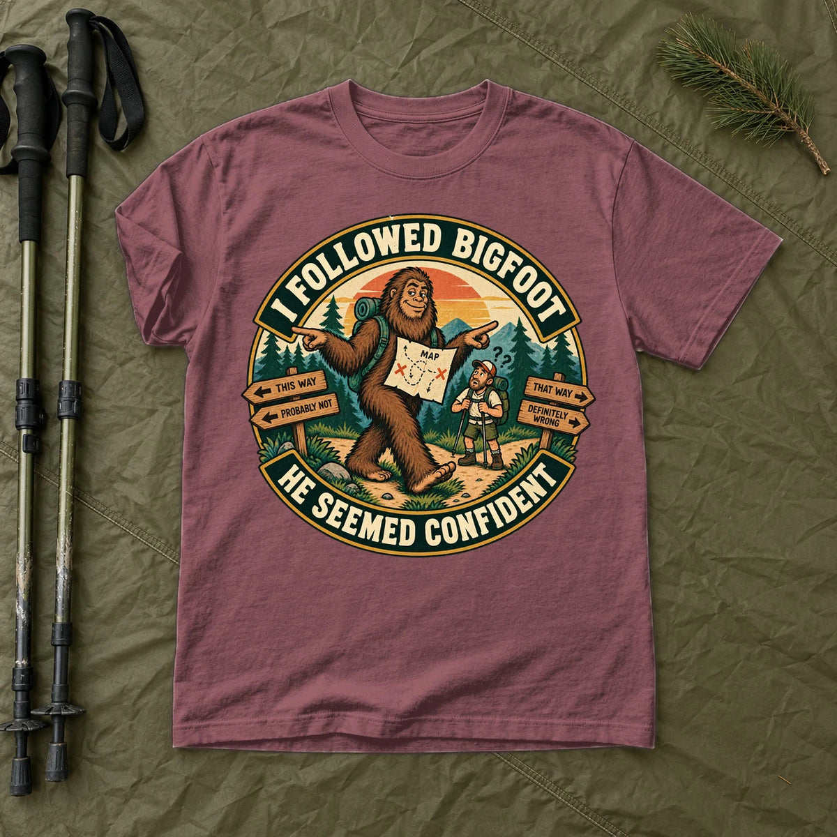 I Followed Bigfoot Retro Hiking Graphic Tee on Brick Premium Tee