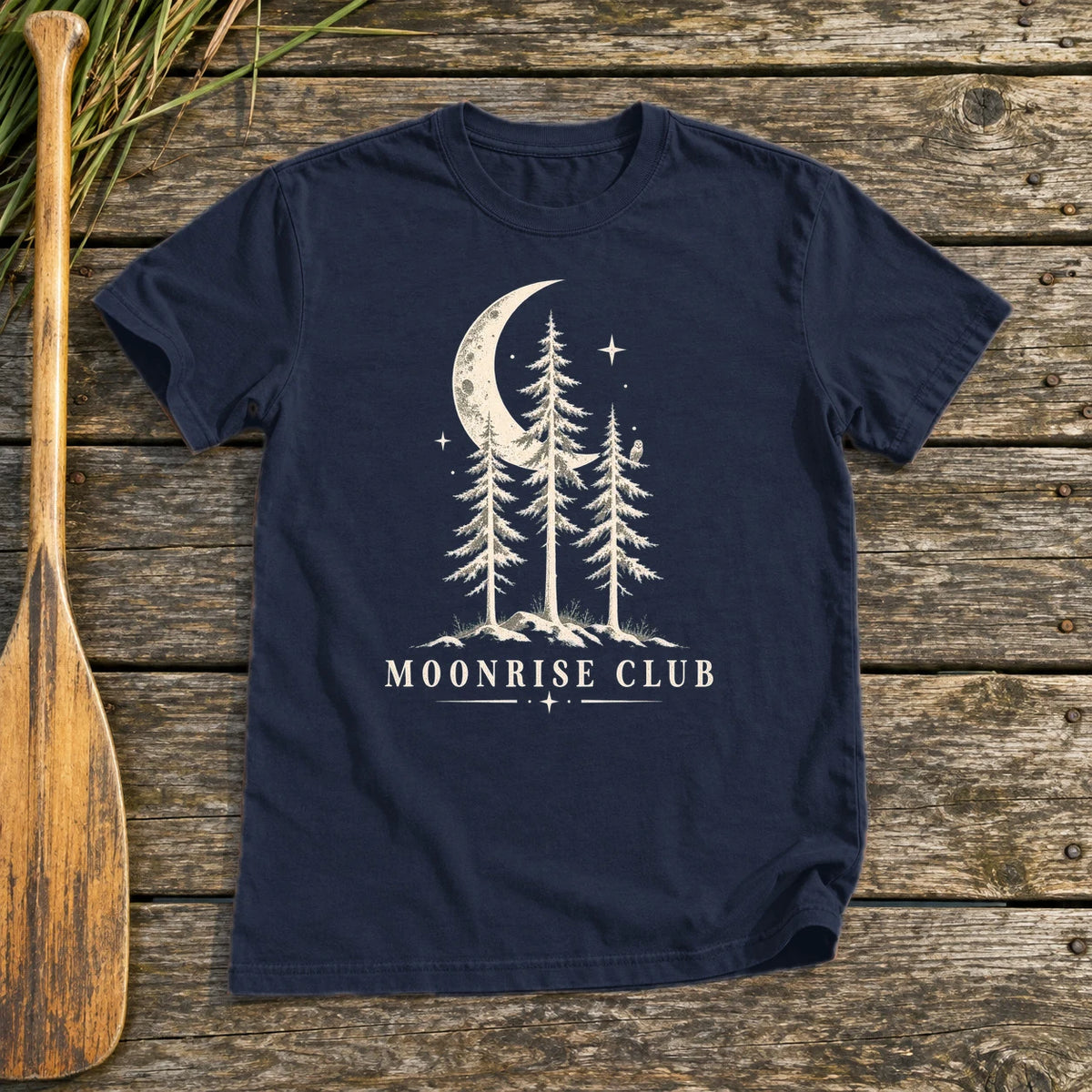 Moonrise Club Celestial Forest Graphic Tee on Navy Everyday Soft Tee