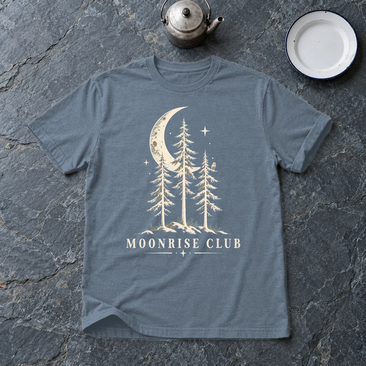 Moonrise Club Celestial Forest Graphic Tee on Heather Indigo Everyday Soft Tee