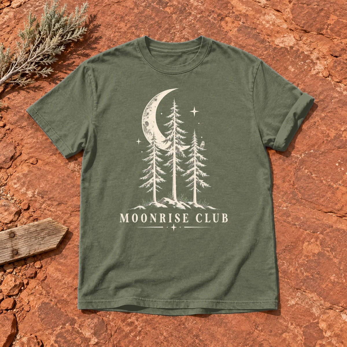 Moonrise Club Celestial Forest Graphic Tee on Moss Premium Tee