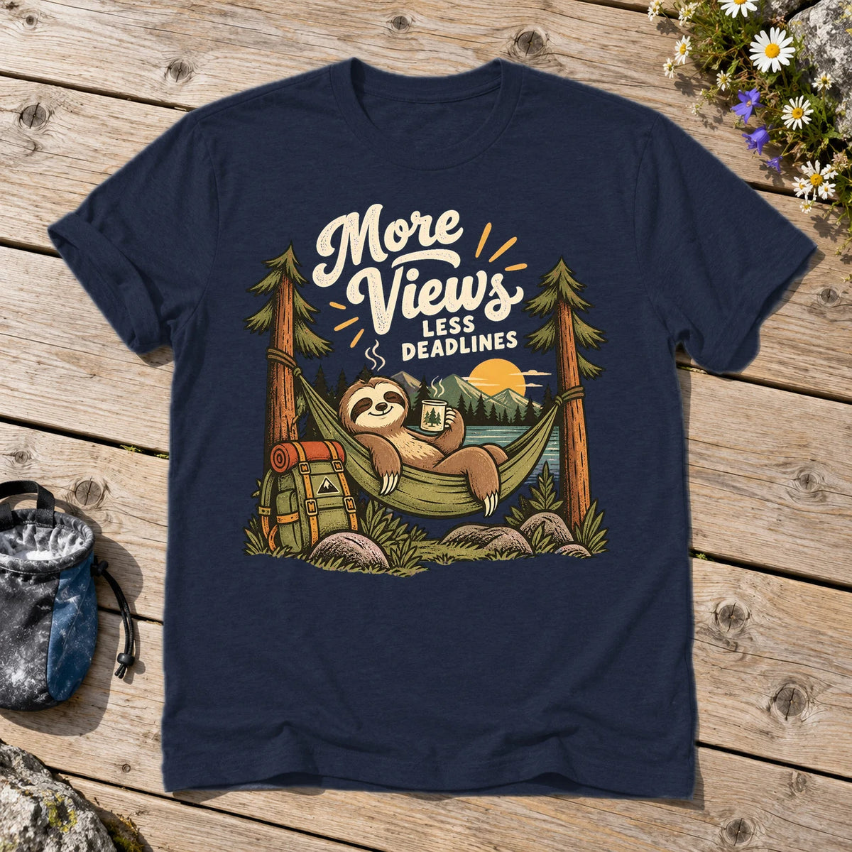 More Views Less Deadlines Sloth Graphic Tee on Navy Everyday Soft Tee