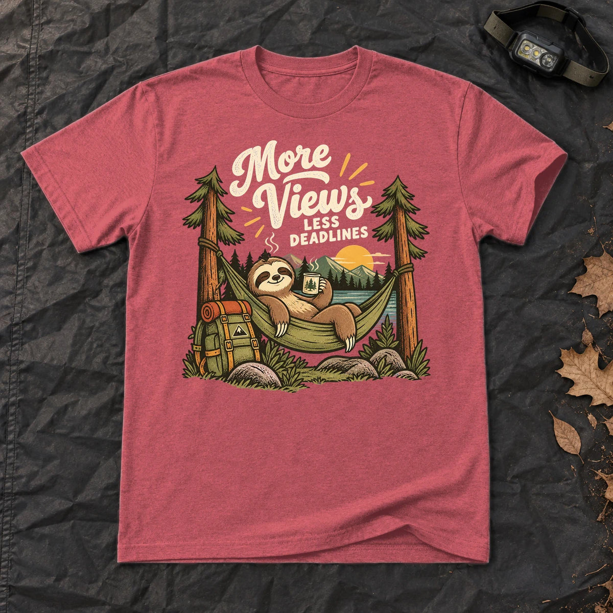 More Views Less Deadlines Sloth Graphic Tee on Heather Red Everyday Soft Tee