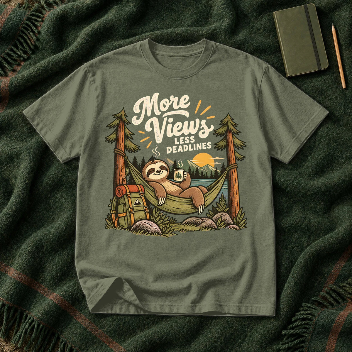 More Views Less Deadlines Sloth Graphic Tee on Moss Premium Tee