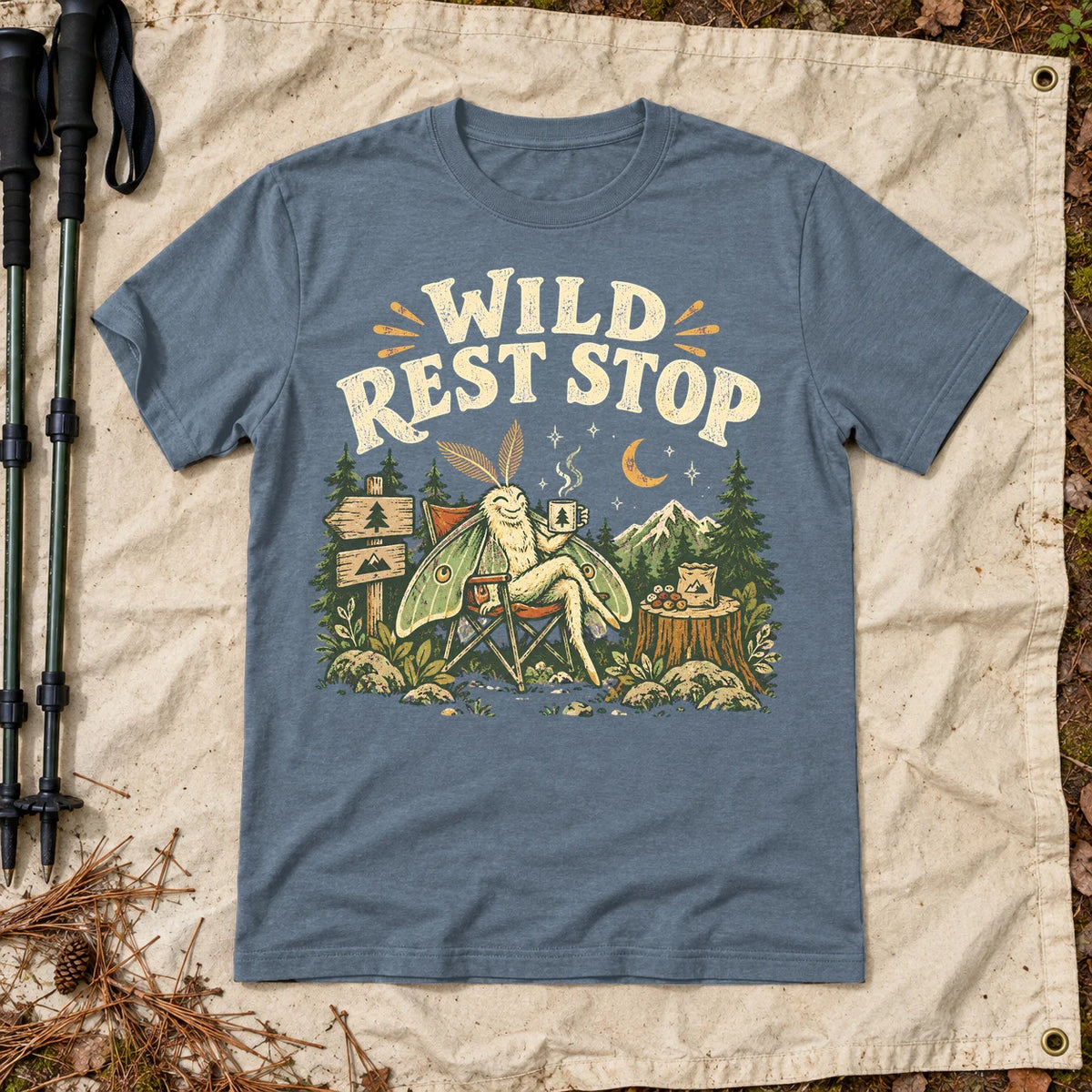 Wild Rest Stop Camping Moth Graphic Tee on Heather Indigo Everyday Soft Tee