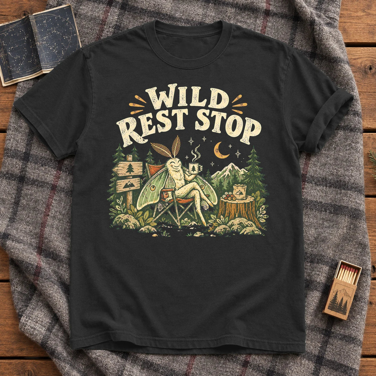 Wild Rest Stop Camping Moth Graphic Tee on Black Premium Tee