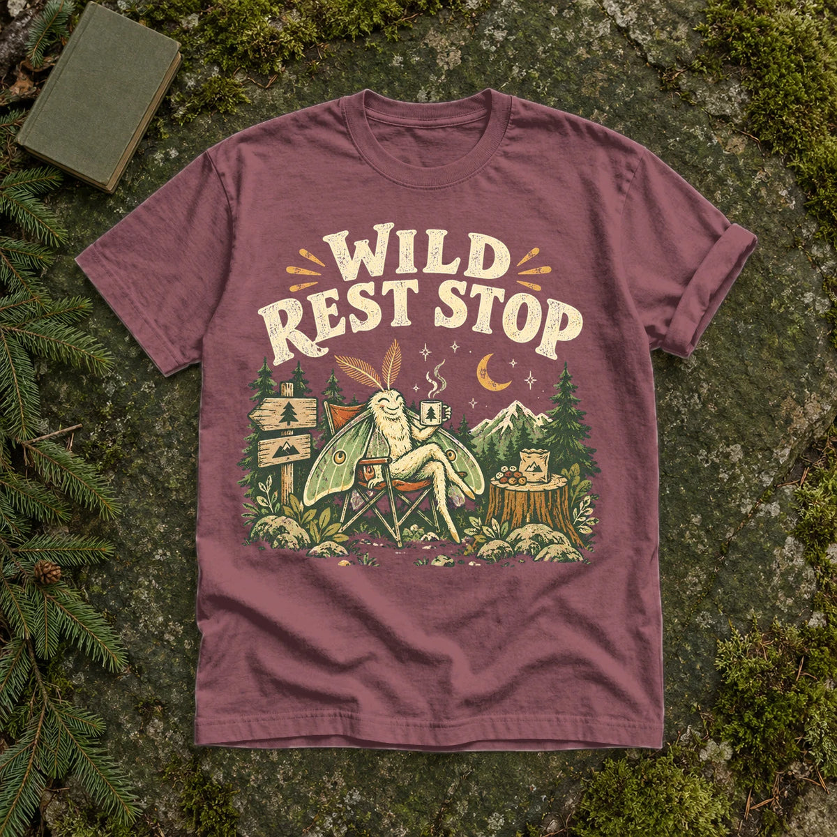 Wild Rest Stop Camping Moth Graphic Tee on Brick Premium Tee