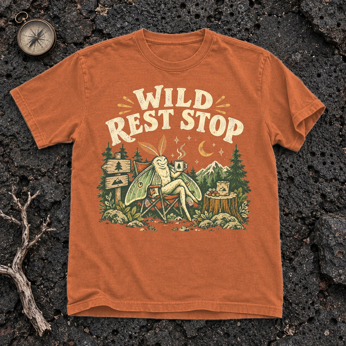 Wild Rest Stop Camping Moth Graphic Tee on Yam Premium Tee