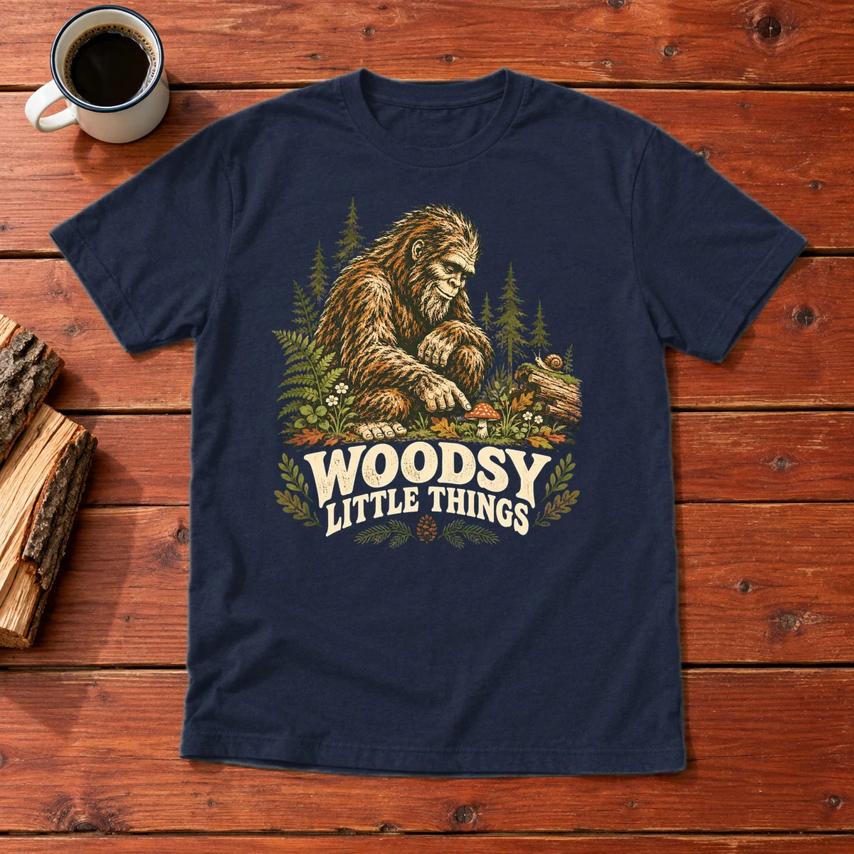 Woodsy Little Things Bigfoot Graphic Tee on Navy Everyday Soft Tee