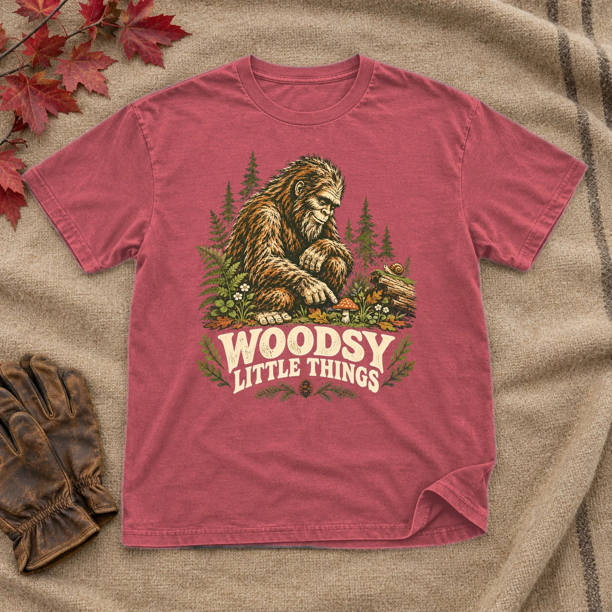 Woodsy Little Things Bigfoot Graphic Tee on Heather Red Everyday Soft Tee