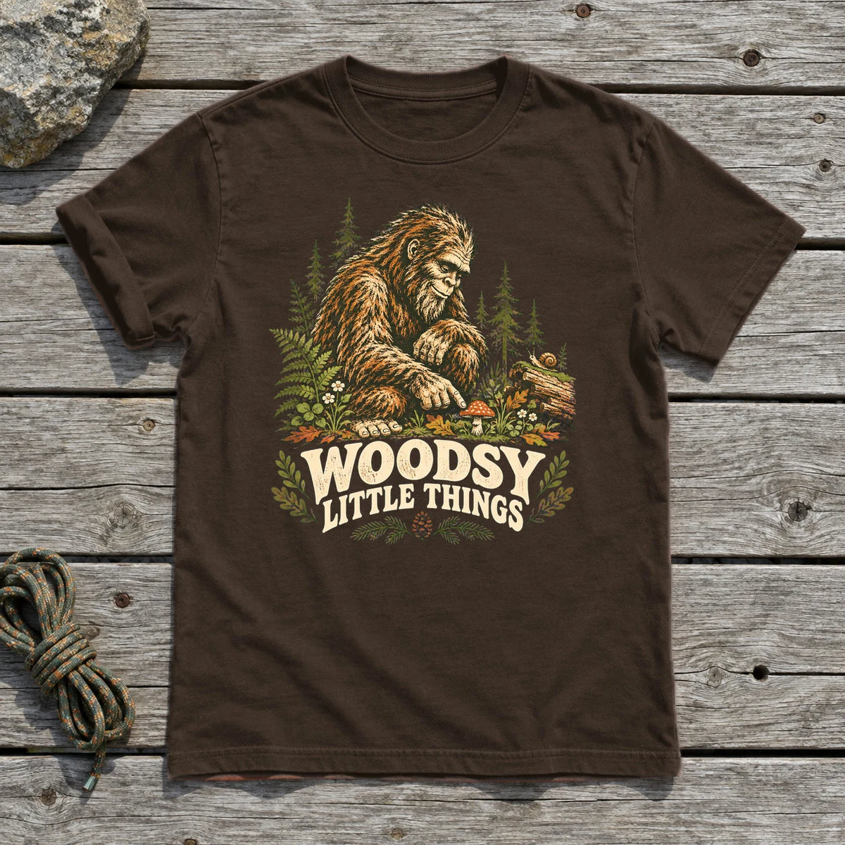 Woodsy Little Things Bigfoot Graphic Tee on Dark Chocolate Everyday Soft Tee