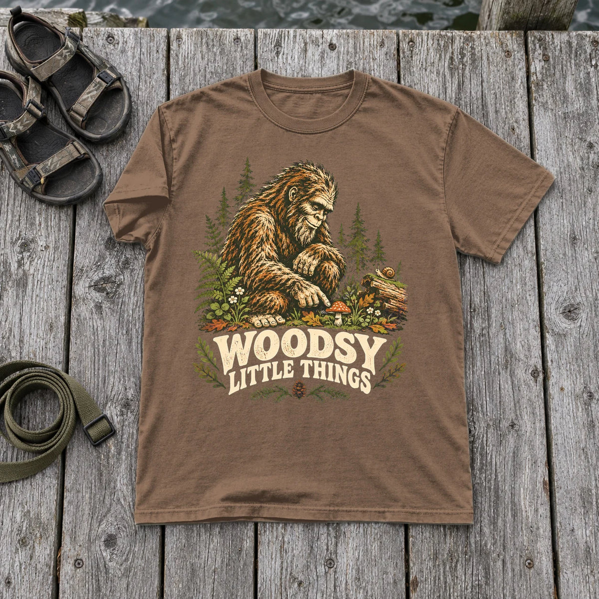 Woodsy Little Things Bigfoot Graphic Tee on Espresso Premium Tee