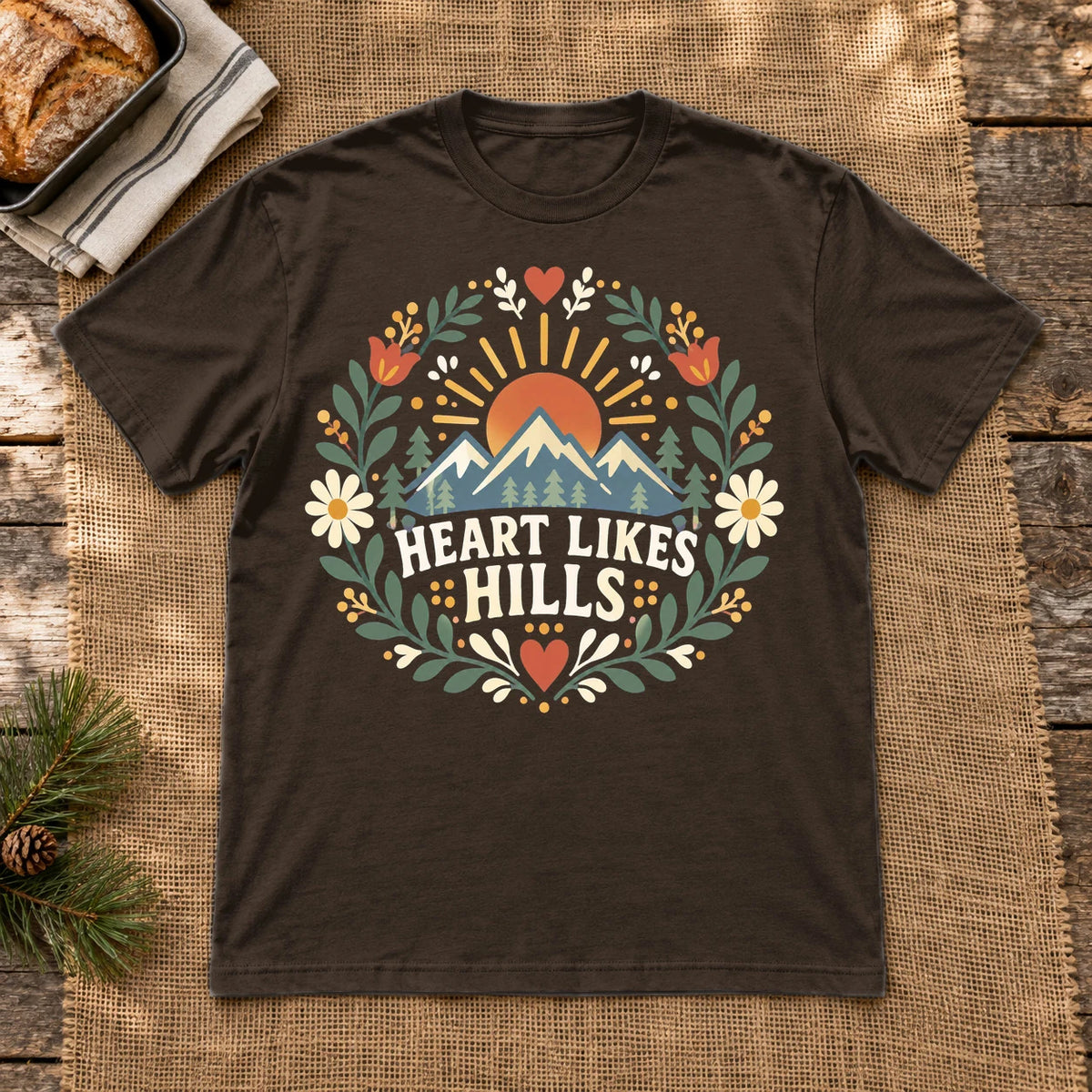 Heart Likes Hills Mountain Folk Graphic Tee on Dark Chocolate Everyday Soft Tee