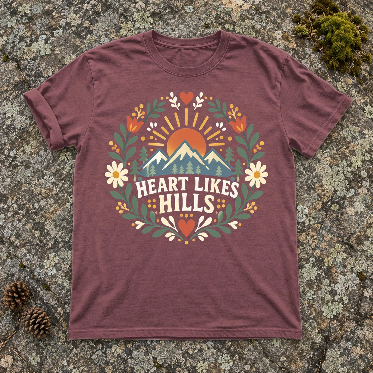 Heart Likes Hills Mountain Folk Graphic Tee on Brick Premium Tee