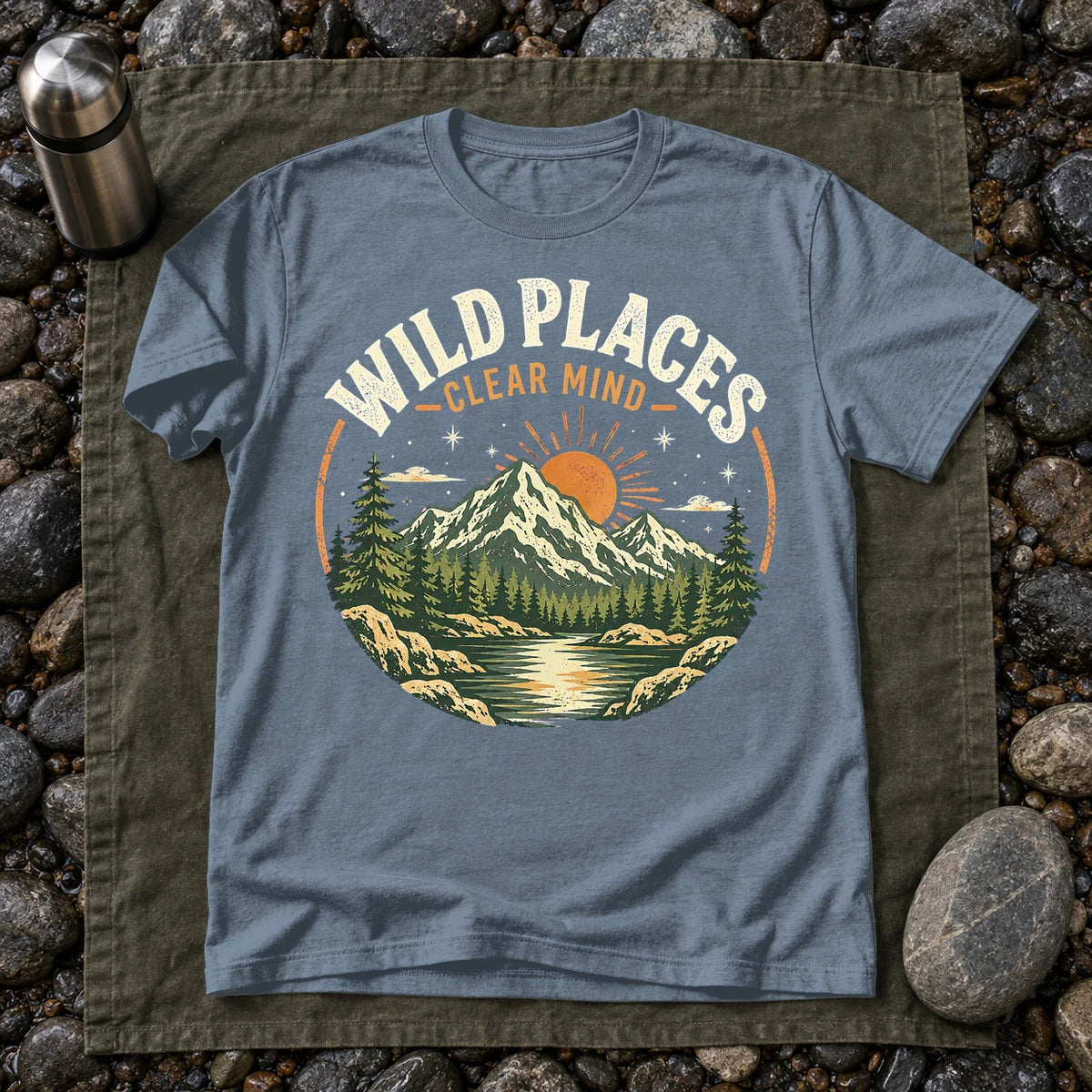 Wild Places Clear Mind Mountain Graphic Tee on Heather Indigo Everyday Soft Tee