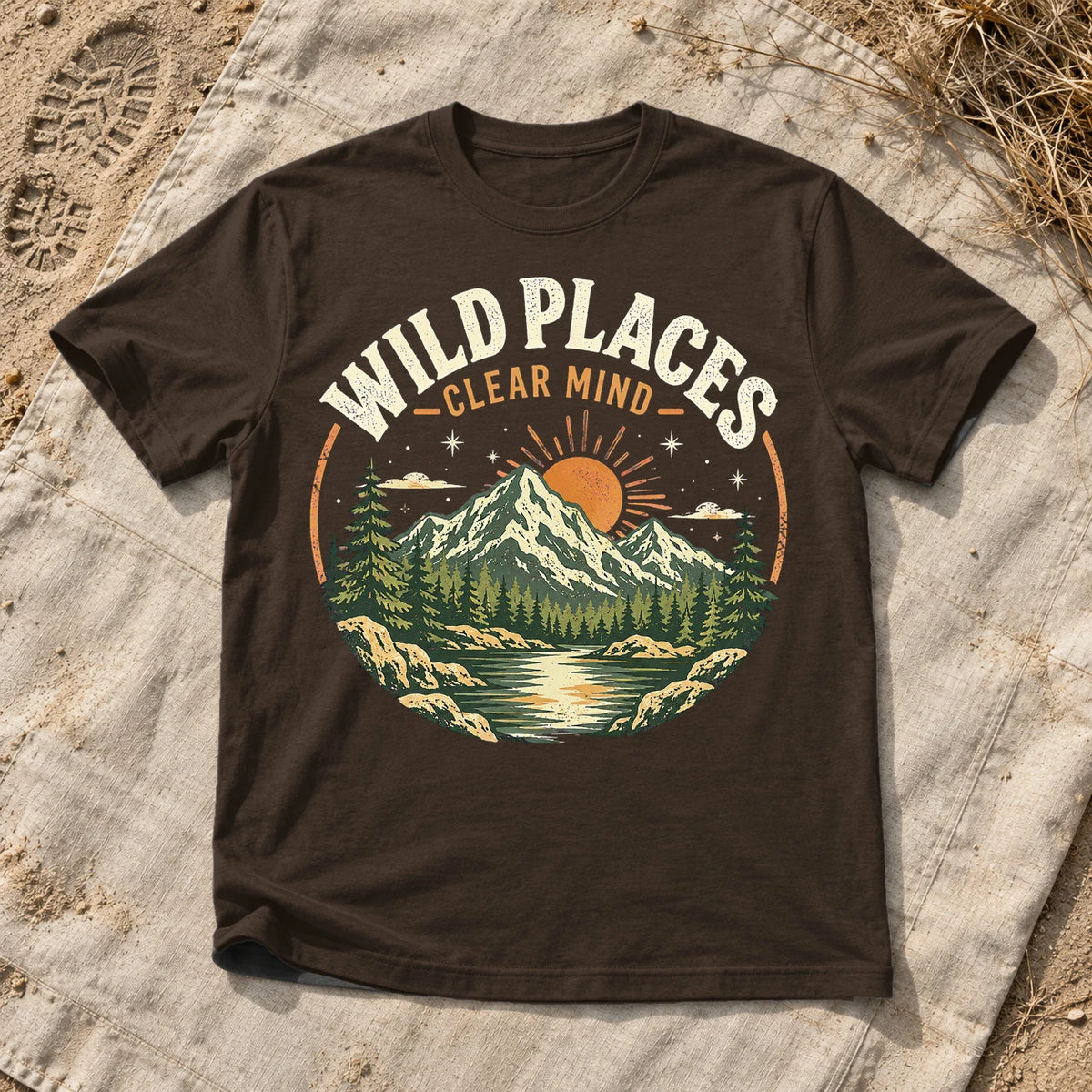 Wild Places Clear Mind Mountain Graphic Tee on Dark Chocolate Everyday Soft Tee