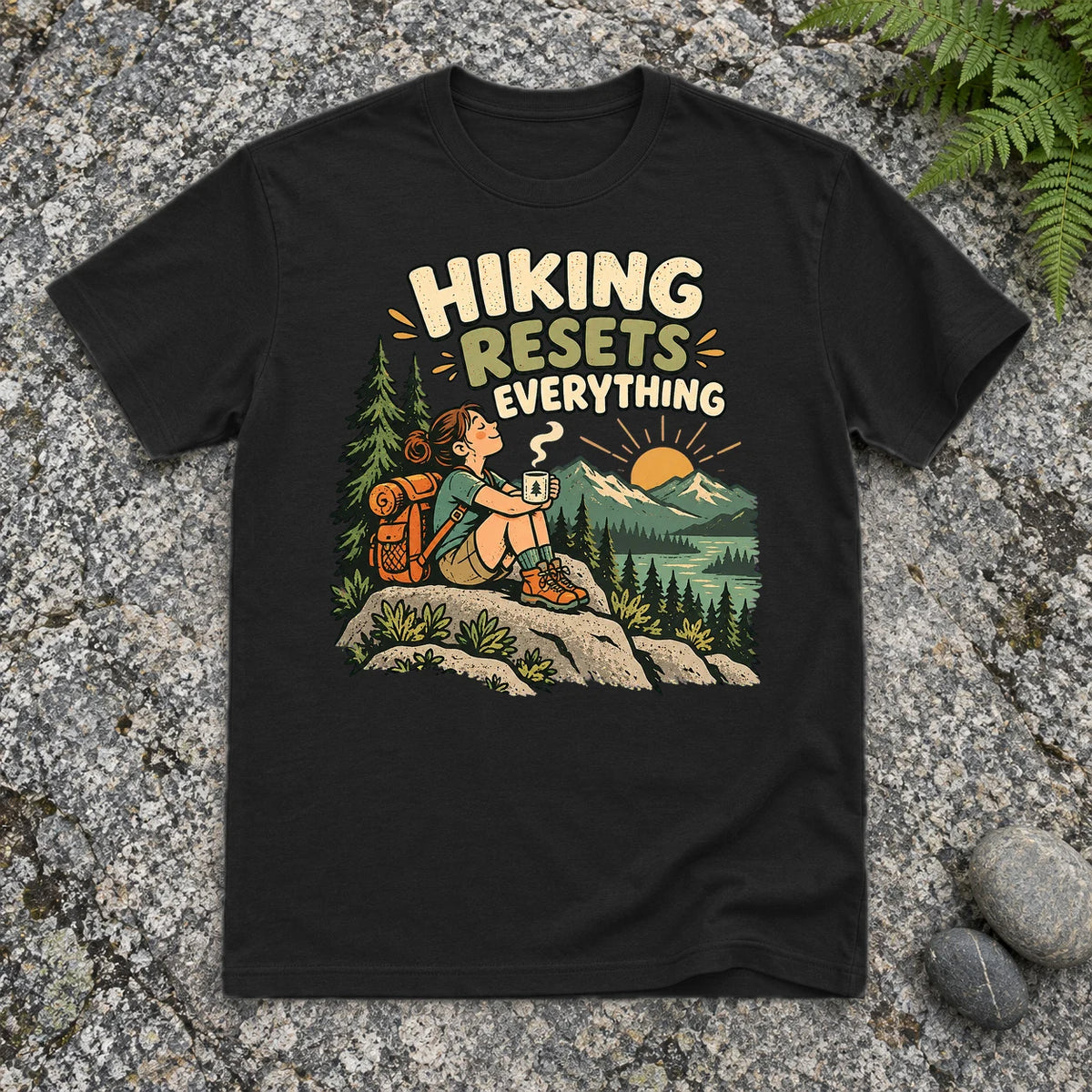 Hiking Resets Everything Graphic Tee on Black Everyday Soft Tee