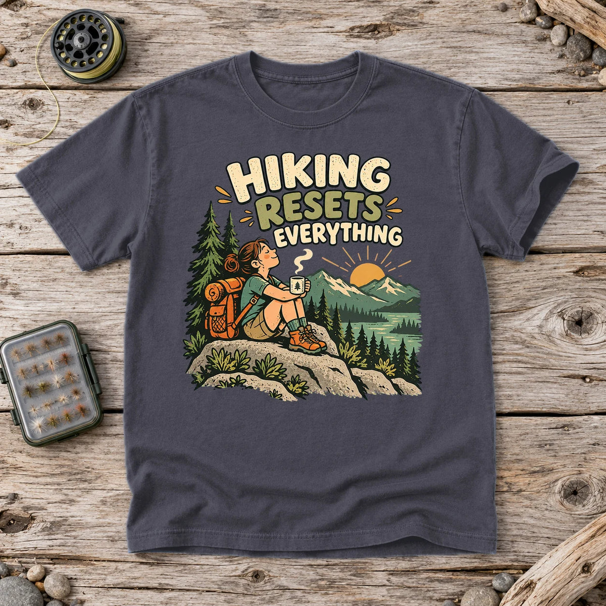 Hiking Resets Everything Graphic Tee on Navy Premium Tee