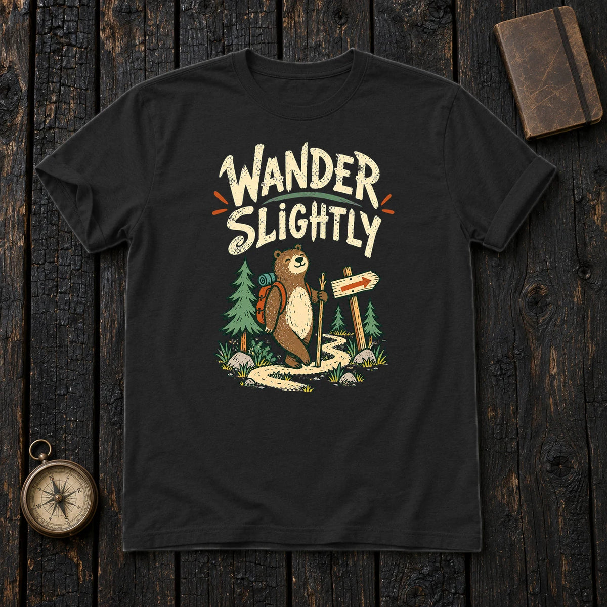 Wander Slightly Hiking Bear Graphic Tee on Black Everyday Soft Tee