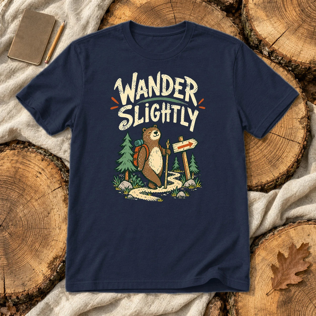 Wander Slightly Hiking Bear Graphic Tee on Navy Everyday Soft Tee