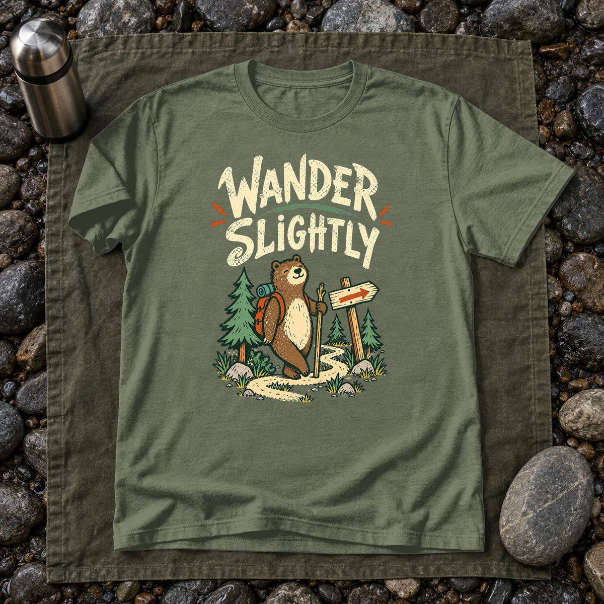 Wander Slightly Hiking Bear Graphic Tee on Military Green Everyday Soft Tee