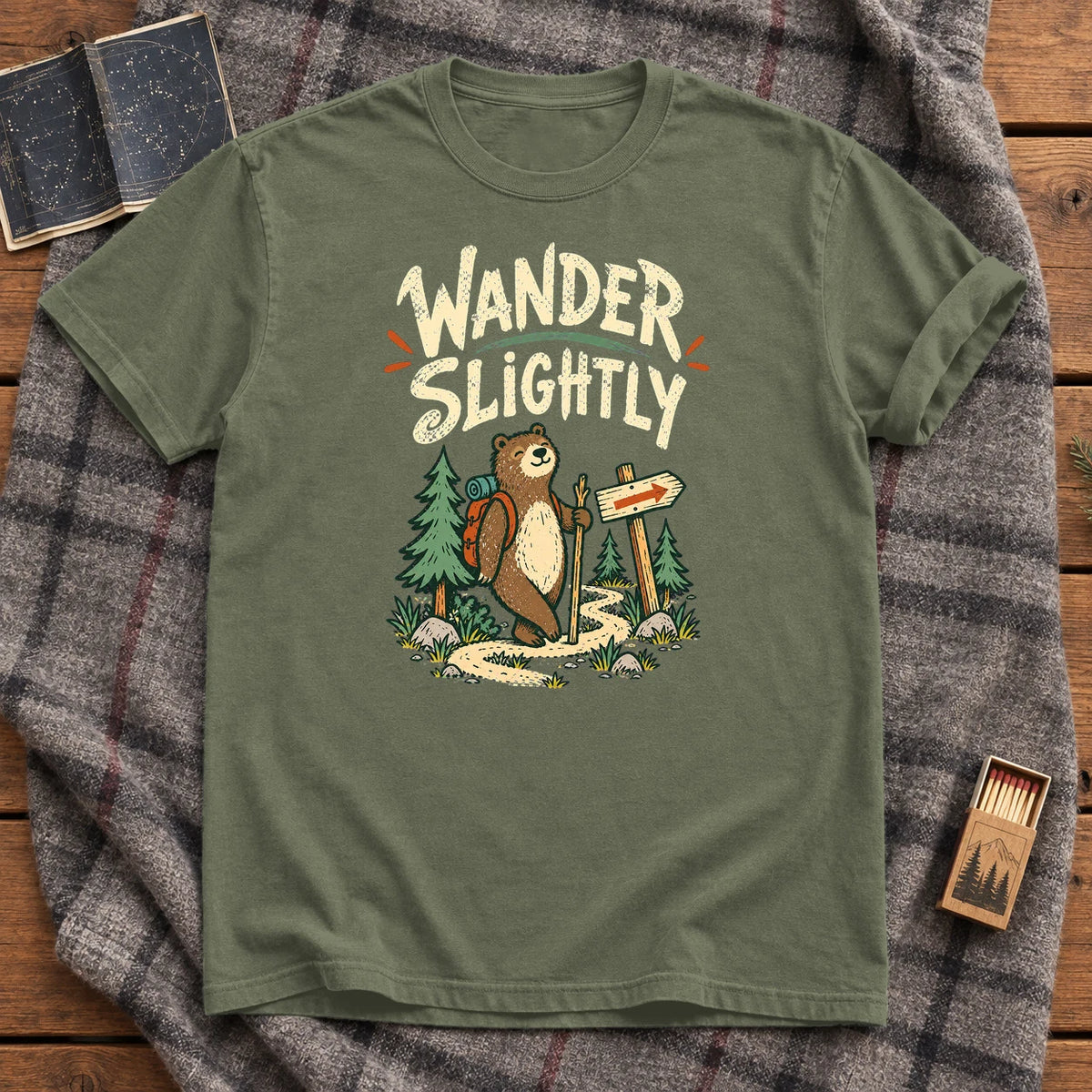 Wander Slightly Hiking Bear Graphic Tee on Moss Premium Tee