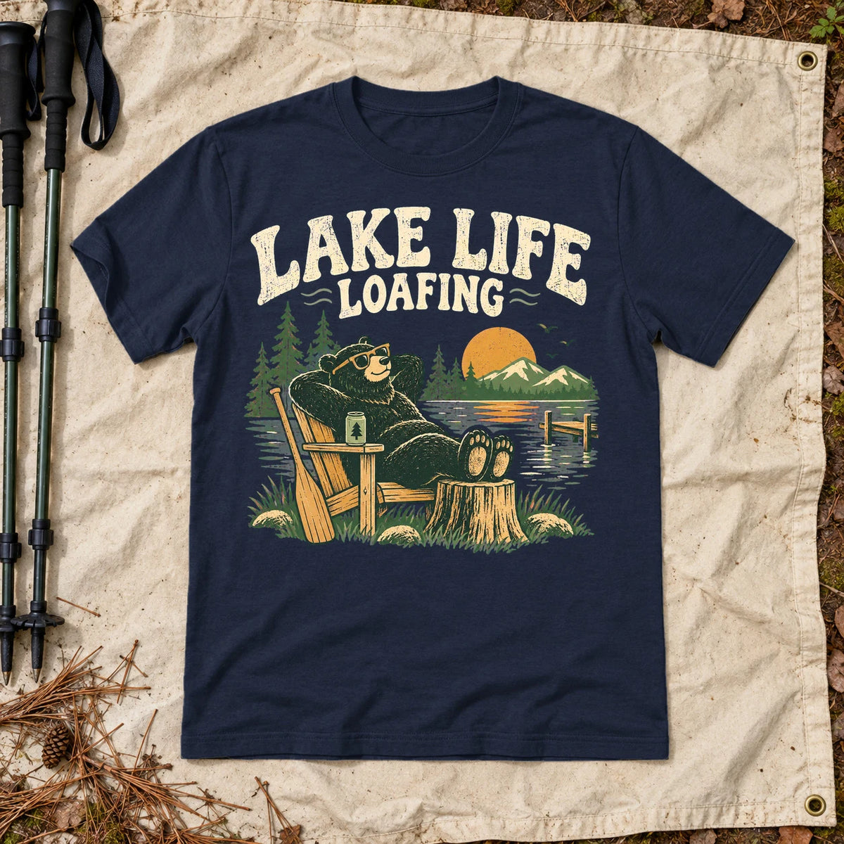Lake Life Loafing Bear Graphic Tee on Navy Everyday Soft Tee