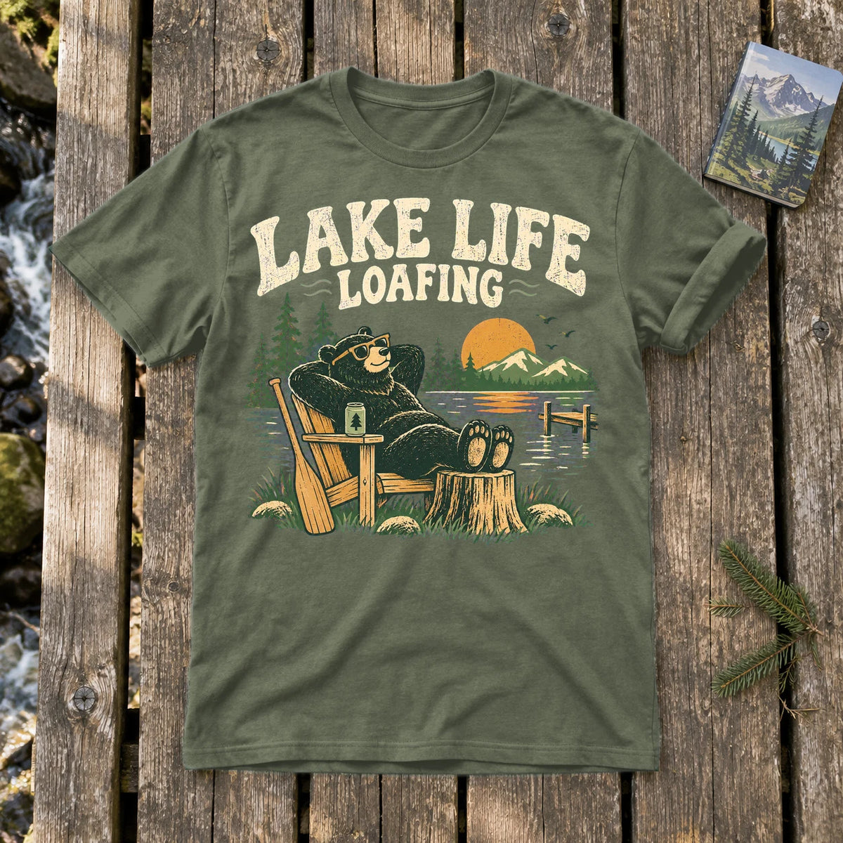Lake Life Loafing Bear Graphic Tee on Military Green Everyday Soft Tee