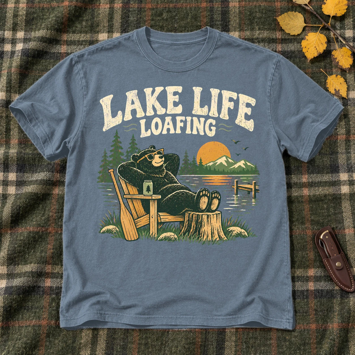 Lake Life Loafing Bear Graphic Tee on Heather Indigo Everyday Soft Tee