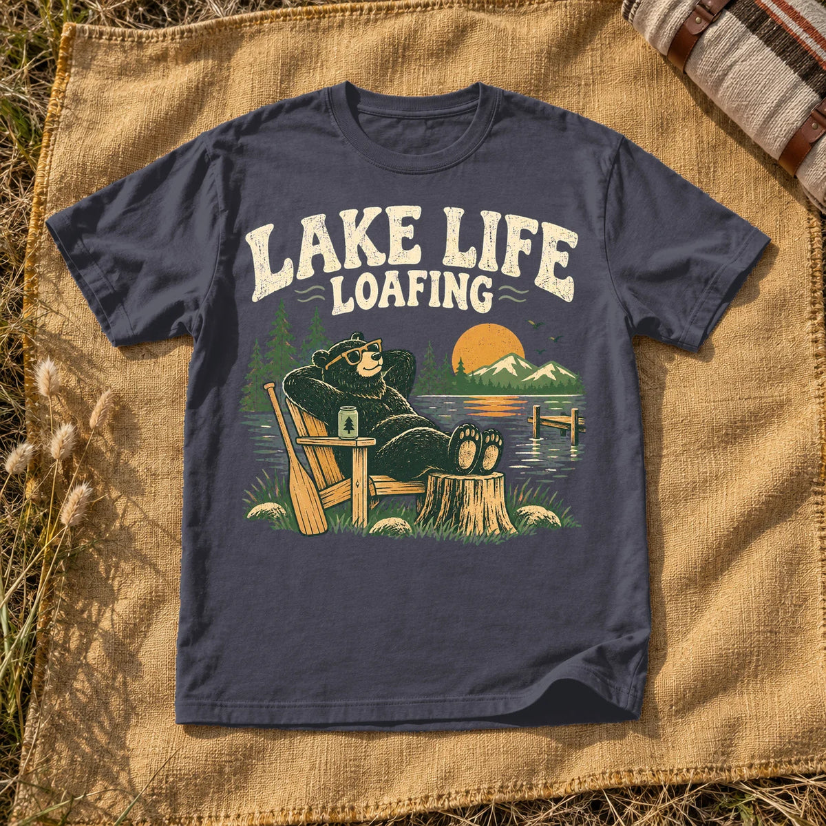 Lake Life Loafing Bear Graphic Tee on Navy Premium Tee