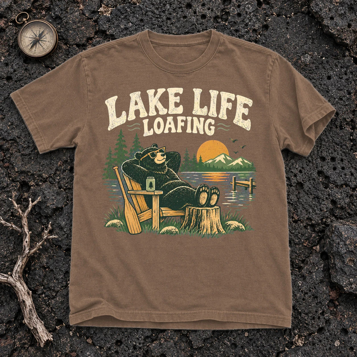 Lake Life Loafing Bear Graphic Tee on Espresso Premium Tee