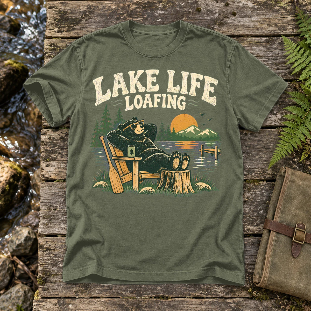 Lake Life Loafing Bear Graphic Tee on Moss Premium Tee