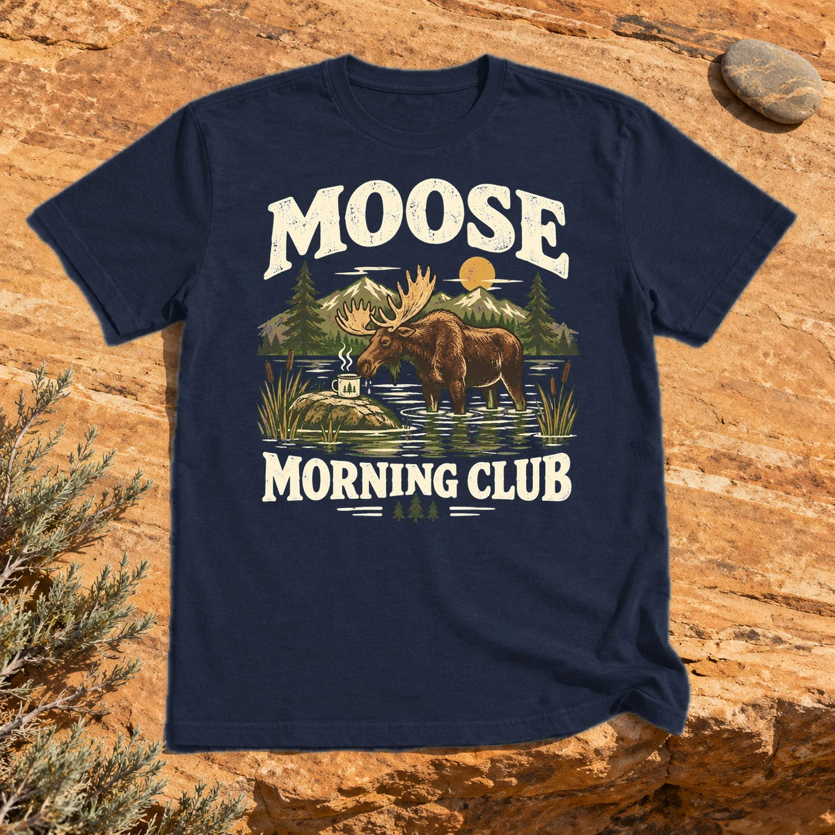 Moose Morning Club Graphic Tee on Navy Everyday Soft Tee