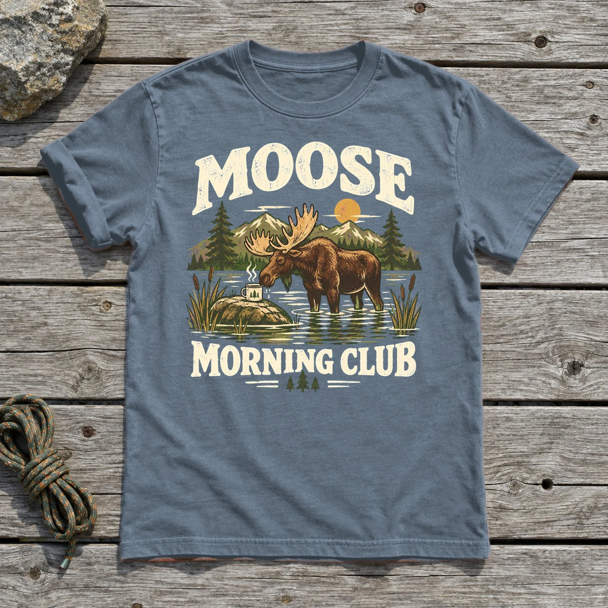 Moose Morning Club Graphic Tee on Heather Indigo Everyday Soft Tee
