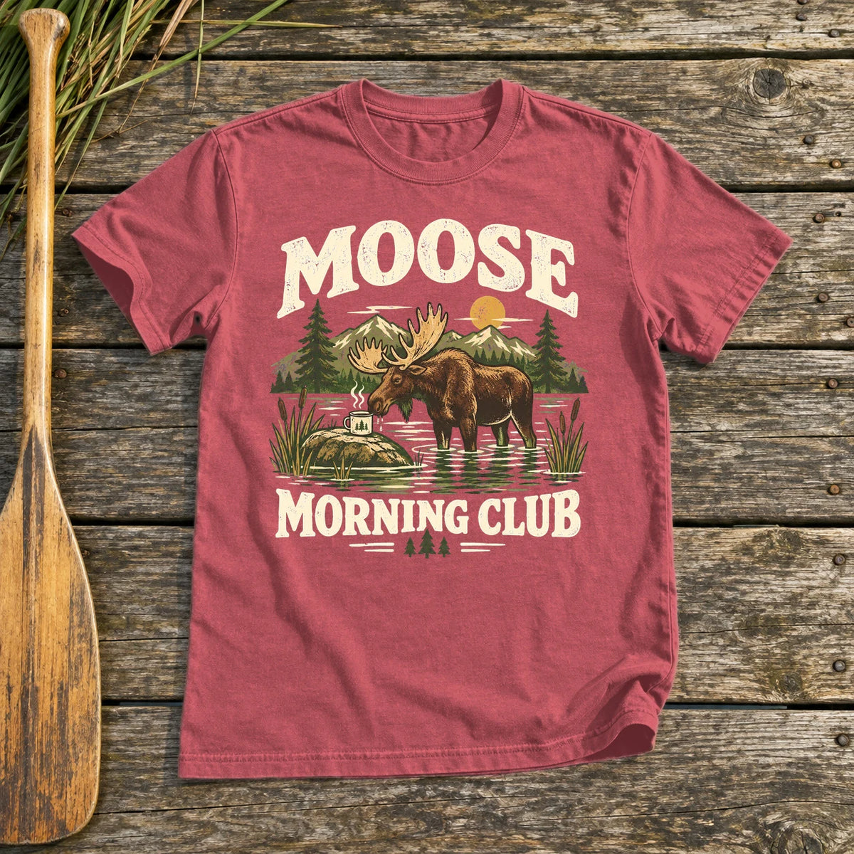 Moose Morning Club Graphic Tee on Heather Red Everyday Soft Tee