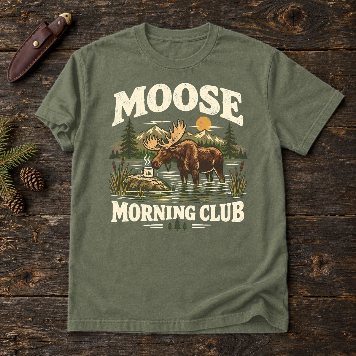 Moose Morning Club Graphic Tee on Moss Premium Tee