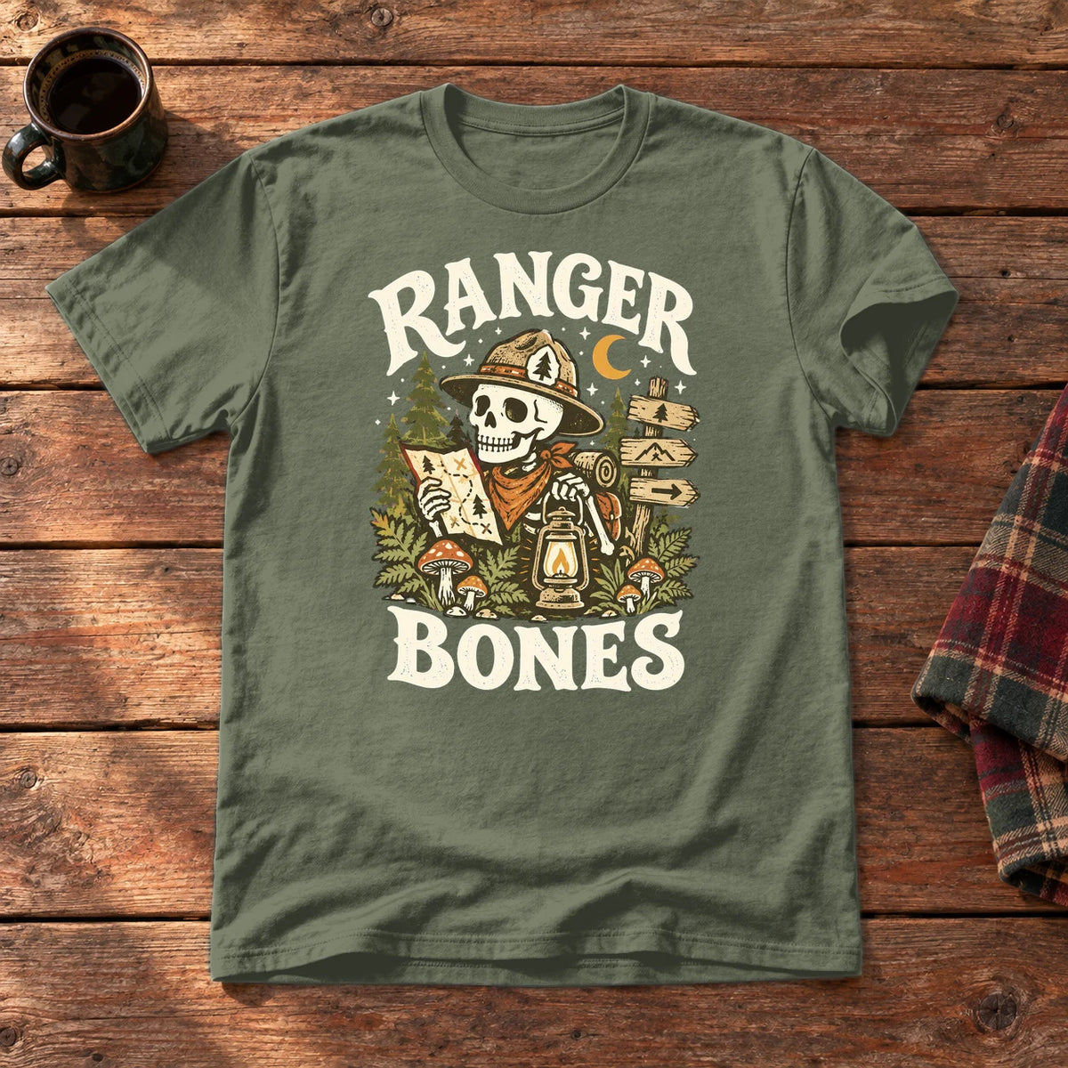Ranger Bones Vintage Trail Graphic Tee on Military Green Everyday Soft Tee